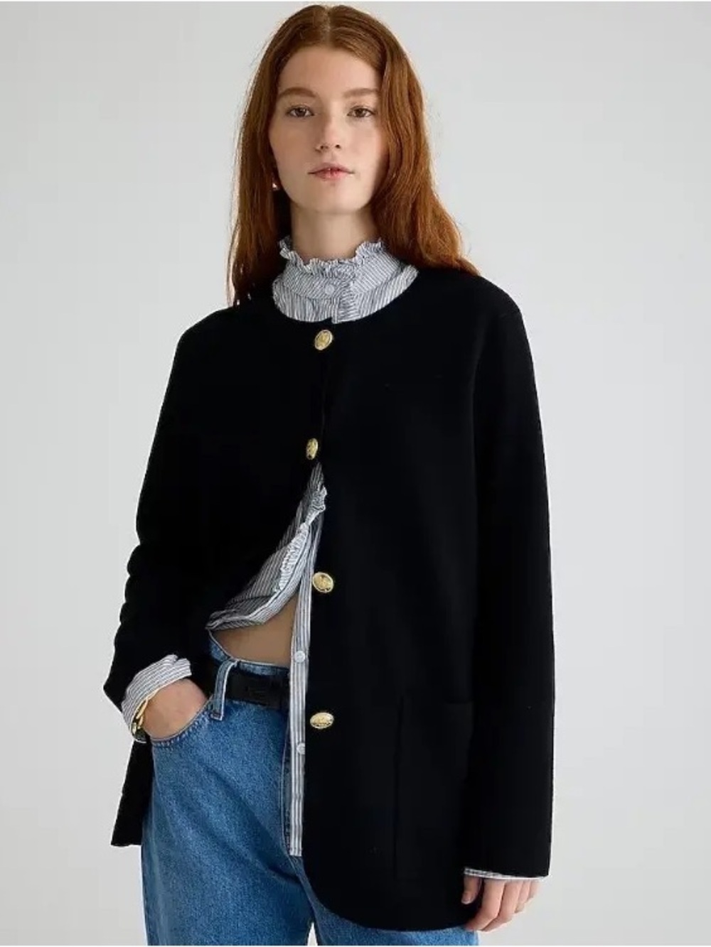 J. Crew Giselle Long Sweater Blazer Gold Button Detail Size XS Black